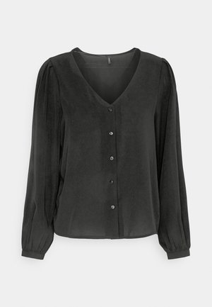 Zwarte blouse met lange mouwen, V-hals en knopen aan de voorkant, met opgeblazen schouders en geplooide manchetten.
