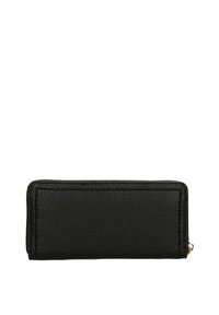 Portafoglio in pelle nera con superficie testurizzata, forma rettangolare e chiusura con zip. Presenta bordi cuciti e un design minimalistico.