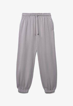 Hellgraue Jogginghose mit elastischem Bund und Bündchen, ausgestattet mit einem vorderen Kordelzug für eine verstellbare Passform.