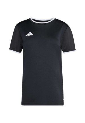 Tricou sport negru cu mâneci scurte, cu margini albe la guler și la manșete, având logo-ul Adidas alb pe piept.
