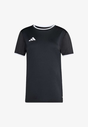 Tricou sport negru cu mâneci scurte, cu margini albe la guler și la manșete, având logo-ul Adidas alb pe piept.