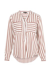 Långärmad blus med v-ringning, med vita och rostfärgade ränder, två framfickor och en böjd nederkant. Tillverkad av lättviktsmaterial.