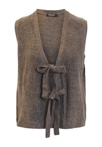 Brun ärmlös väst i frottéstickning, med djup V-ringning och en knuten rosett vid midjan, med subtila skimrande detaljer.