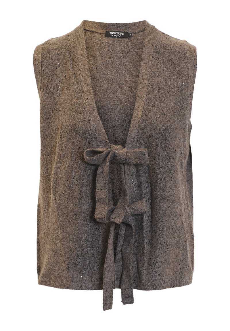Brun ärmlös väst i frottéstickning, med djup V-ringning och en knuten rosett vid midjan, med subtila skimrande detaljer.