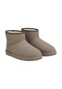 Bruine enkelboots met een gladde, textuur-achtige buitenkant, zachte voering en een ronde neus. Het ontwerp bevat gestikte accenten en een platte zool.