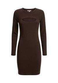 Robe marron à manches longues à côtes, présentant une découpe circulaire au niveau de la poitrine. Silhouette ajustée avec un ourlet droit et une texture douce.