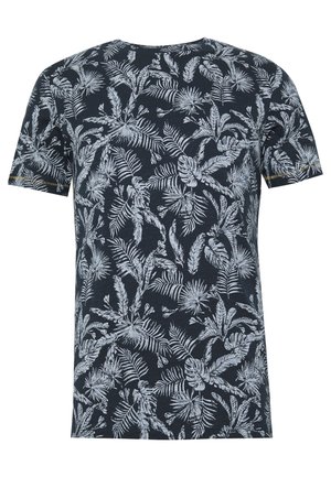 Granatowy t-shirt z krótkim rękawem w biały, tropikalny wzór liści i roślin pokrywający całą powierzchnię.