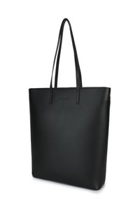 Black leather tote bag with two long handles, smooth texture, and minimalistic design. Features a subtle, embossed brand logo on the front.