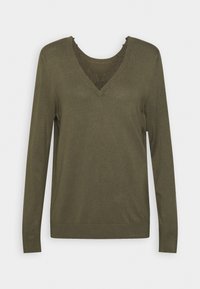 Oliivinvihreä villapaita, jossa on pitkät hihat ja V-pääntie. Paita on koristeltu pitsillä pääntiellä, siinä on pehmeä neulos ja istuva helma.