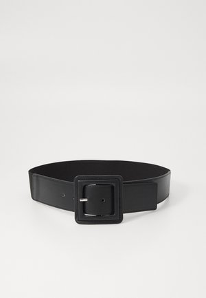 Black leather belt with a wide strap and a square metal buckle. Smooth texture, featuring multiple holes for adjustment.