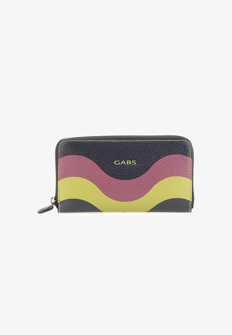 Portafoglio nero con cerniera, decorato con strisce ondulate rosa e gialle e logo dorato "GABS" centrato sulla parte anteriore.