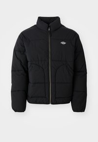 Jachetă puffer neagră cu guler înalt, fermoar pe față și design quilted. Include două buzunare frontale și un logo pe piept.