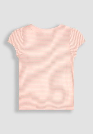 Rosa und weiße gestreifte kurzärmelige T-Shirt mit rundem Halsausschnitt und weichem, glattem Material. Nahtdetails an den Schultern und am Saum.