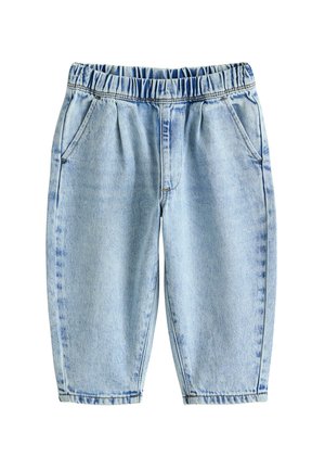 Light blue denim pants with an elastic waistband, pleated front, and two side pockets. The fabric has a smooth, slightly faded texture.