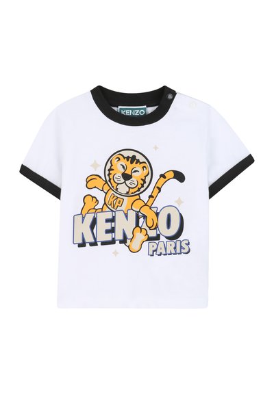 Biała koszulka z krótkim rękawem z czarnymi wykończeniami. Ozdobiona kolorową grafiką zabawnego tygrysa oraz napisem "KENZO PARIS" w grubym kroju.