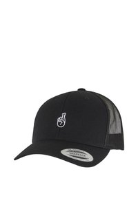 Mustale snapback müts, millel on tugev esipaneel ja võrkpaneel taga. Ees on valge tikandiga käeviipe logo.