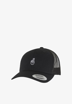 Mustale snapback müts, millel on tugev esipaneel ja võrkpaneel taga. Ees on valge tikandiga käeviipe logo.