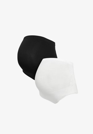 Schwarz-weiße nahtlose Umstandsunterwäsche, die darauf ausgelegt ist, einen Schwangerschaftsbauch aufzunehmen und zu stützen.