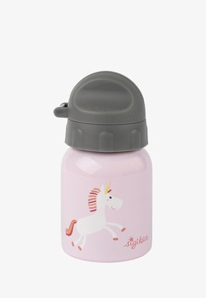 Stainless steel water bottle in light pink with a gray plastic cap. Features a unicorn design with red and gold accents.