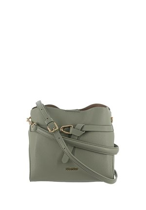 Borsa a tracolla in pelle verde chiaro con tracolla regolabile, fibbia dorata e nodo decorativo sul pannello frontale.