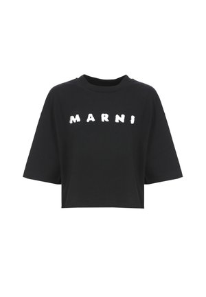 T-shirt corta a maniche corte nera con maniche larghe e scritta bianca texturizzata "MARNI" sul petto.