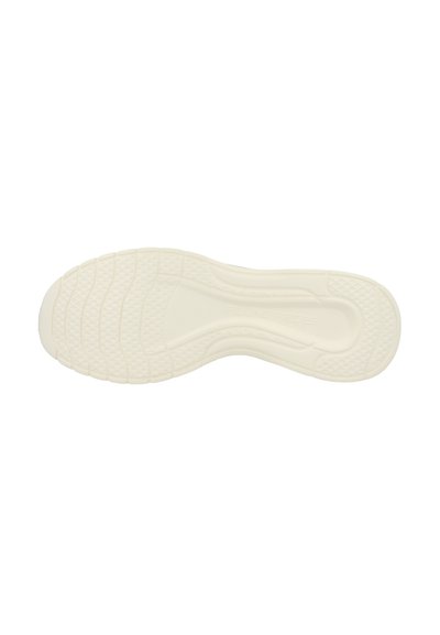 Semelle de sneaker en caoutchouc blanc avec un motif de grip texturé, une forme incurvée et une zone centrale lisse. Motifs de crampons notables pour une traction optimale.