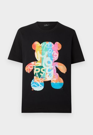 Black short-sleeve T-shirt with colorful teddy bear graphic featuring abstract graffiti-style patterns and letters on the front.