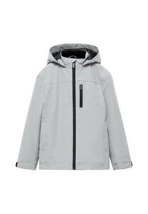 Light gray hooded jacket with black front zipper, chest pocket zipper, and adjustable wrist straps, designed for cold weather.