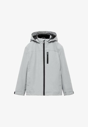 Veste à capuche gris clair avec fermeture éclair noire sur le devant, poche poitrine zippée et poignets ajustables, conçue pour les temps froids.