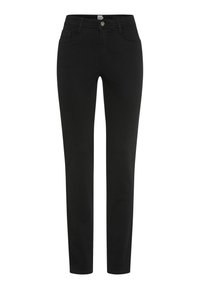 Zwarte, slim-fit jeans van stretchstof, met een klassieke vijf-pocket ontwerp, een knoopsluiting en een gladde textuur.