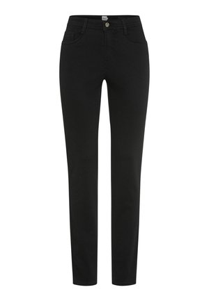 Schwarze, figurbetonte Jeans aus Stretchmaterial, mit einem klassischen Fünf-Taschen-Design, einem Knopfverschluss und einer glatten Textur.