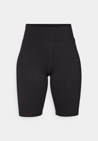 Sorte cykelshorts lavet af strækbart stof. Høj talje, glat overflade, knælængde med sømme langs forsiden og bagsiden for struktur.