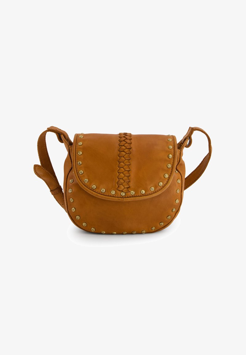Brown leather crossbody bag with a curved shape, featuring an intricately woven flap and brass studs around the edge. Adjustable strap.