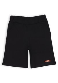 Pantaloni corti neri in cotone con vita elastica, tasche laterali e un piccolo logo arancione "PYREX" sulla gamba sinistra. Texture liscia.