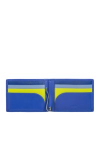 Portafoglio blu in pelle con più slot per carte in un vivace giallo, verde e blu. Presenta una texture liscia e un gancio in metallo per la chiusura.