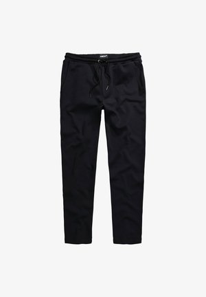 Schwarze Jogginghosen aus weichem Stoff, mit elastischem Bund und Kordelzug, seitlichen Taschen und schmal zulaufendem Bein.