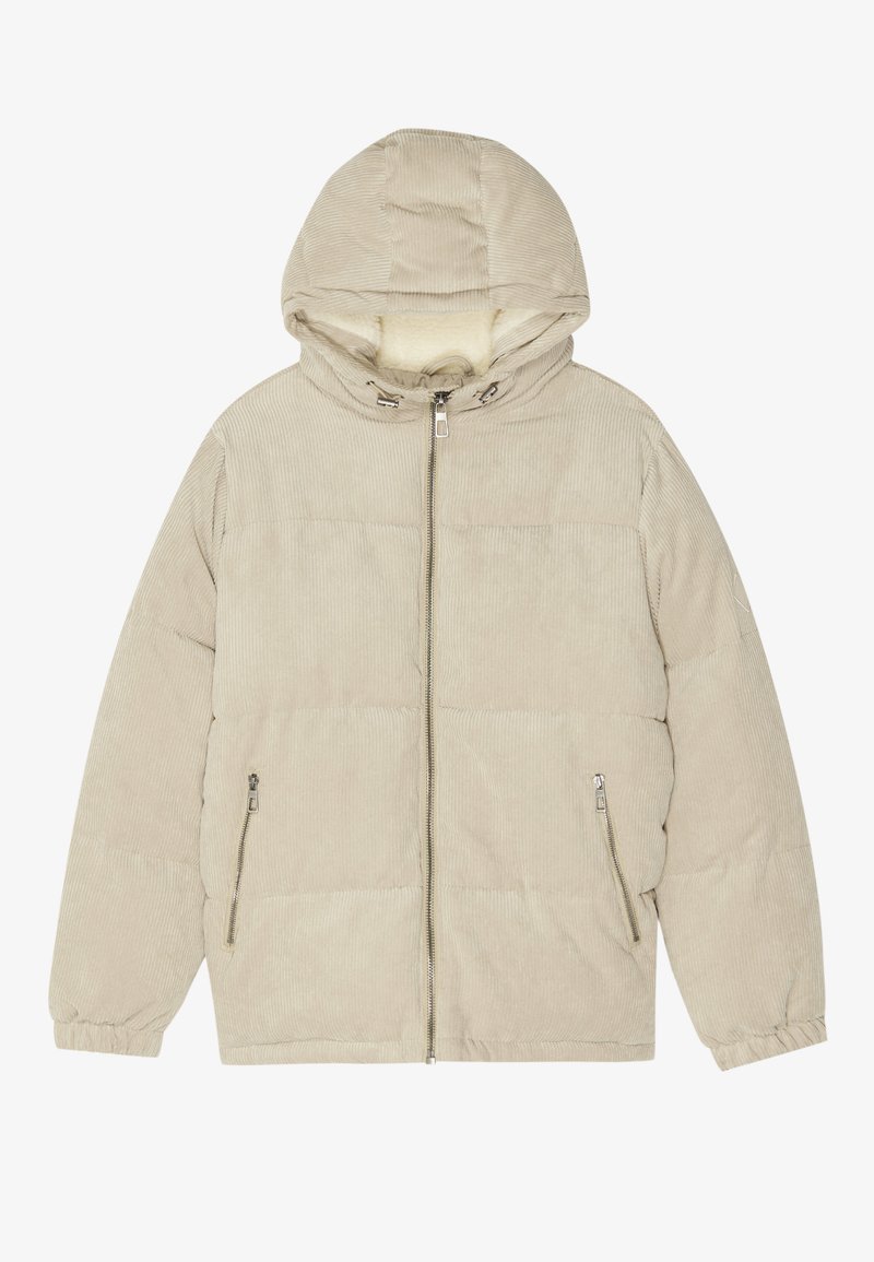 Beige Cord-Pufferjacke mit Kapuze, Reißverschluss vorne und Seitentaschen. Verfügt über eine gerippte Textur und elastische Bündchen für Wärme.