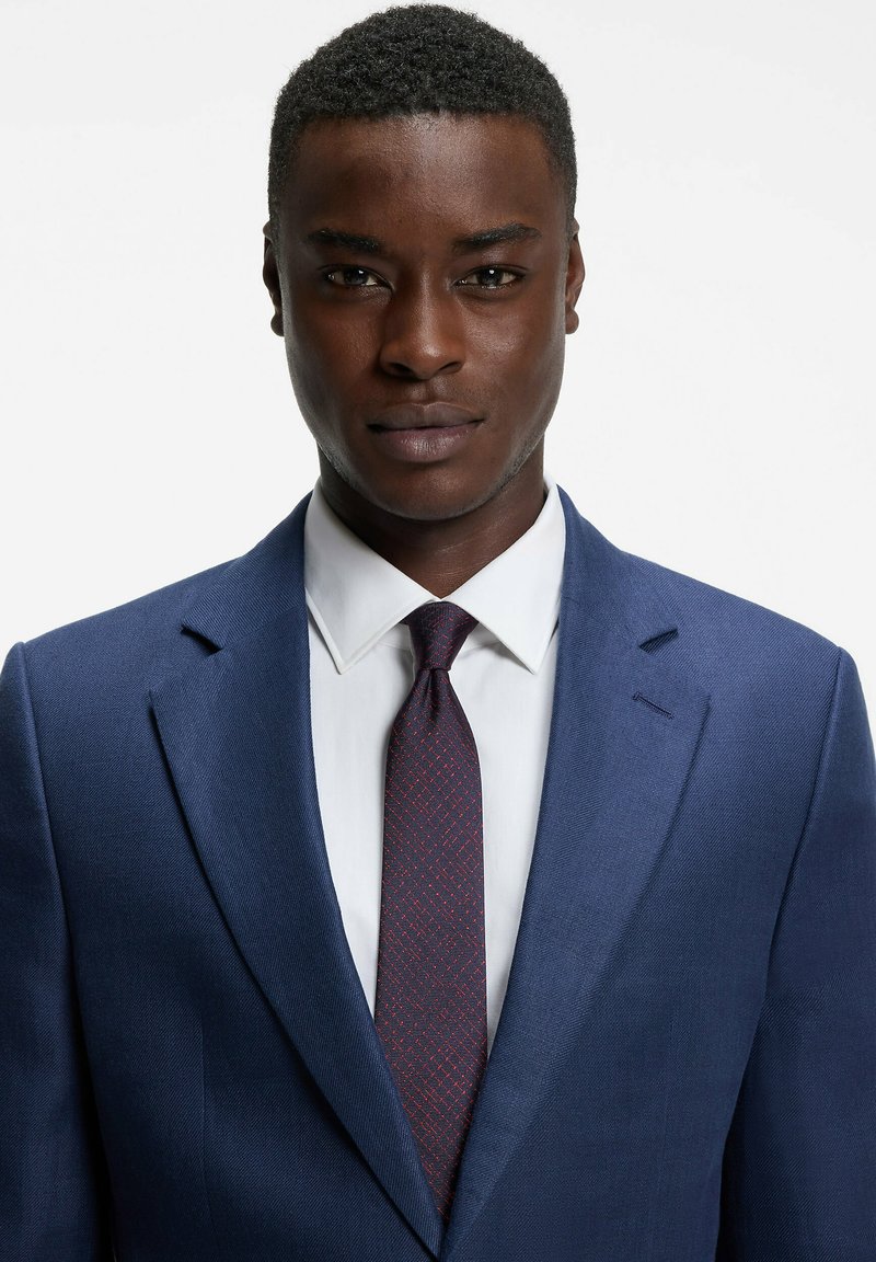 Homme portant une veste de costume bleue, chemise blanche et cravate sombre à motifs, faisant face à l’avant avec une expression neutre sur fond blanc uni.