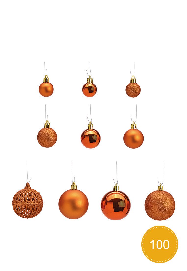 Set di dieci decorazioni natalizie arancioni in diverse finiture: lucida, opaca, glitterata e con un design intrecciato, tutte con hardware dorato per appenderle.