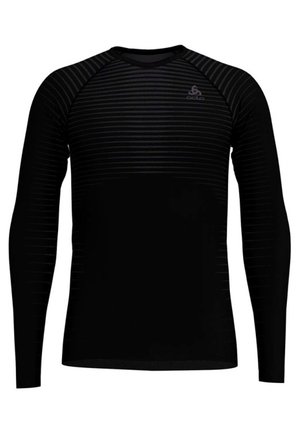 Zwarte lange mouwen shirt met horizontale strepen, gemaakt van lichtgewicht stof. Heeft een ronde halslijn en een slank ontwerp.