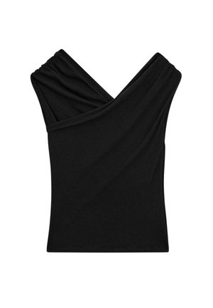 Top nero senza maniche con scollo a V, caratterizzato da un tessuto morbido e drappeggiato e da dettagli arricciati sulle spalle.