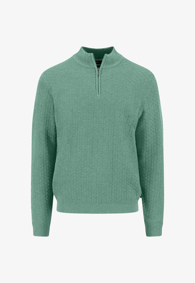 Hellgrüner, strukturierter Pullover mit einem halben Reißverschluss am Kragen und langen Ärmeln. Gerippter Saum und Bündchen, durchgehend mit einem gewebten Muster versehen.