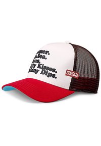 Trucker cap with a white front, red visor, and brown mesh sides. Features text in black: "Summer. Sea. Waves. Salty Kisses. Skinny Dips."