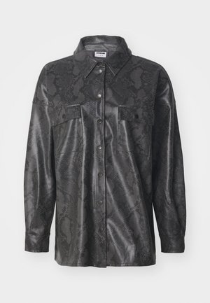 Black synthetic shirt jacket with snake skin pattern, buttoned front, two chest pockets, and a collared neck. Smooth textured finish.