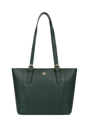 Donkergroene leren shopper met twee schouderbanden en een klein gouden rond logo gecentreerd dicht bij de bovenkant.