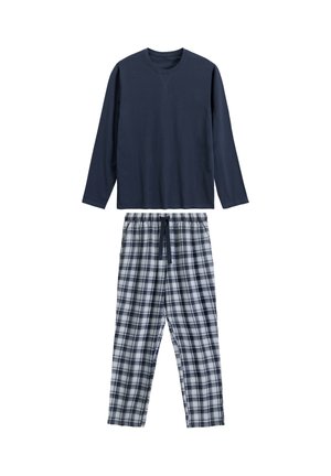 Granatowy, długi rękaw, bluzka z okrągłym dekoltem, w połączeniu z piżamowymi spodniami w kratę w odcieniach granatu i bieli, z elastycznym pasem i sznurkiem do regulacji.