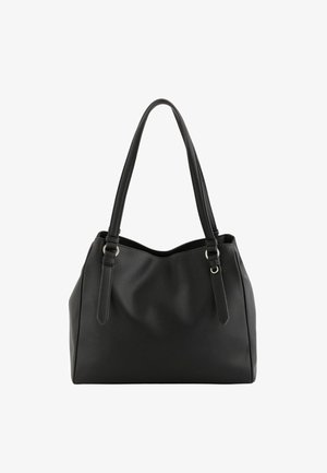 Bolso tote negro hecho de cuero texturizado con asas dobles, una estructura de bolsa suave y un diseño de apertura en la parte superior.