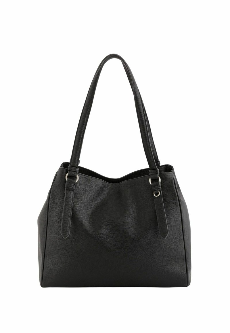 Czarna torba na ramię wykonana z fakturowanej skóry, z podwójnymi ramiączkami, miękką strukturą torby i otwartą konstrukcją u góry.