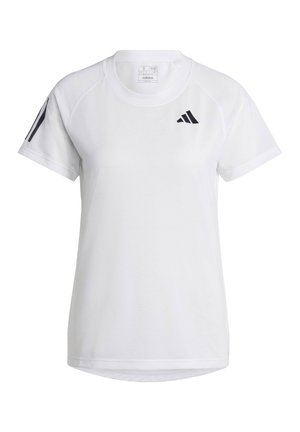 White athletic t-shirt made of textured fabric with short sleeves, featuring black Adidas logo and three black stripes on the shoulders.