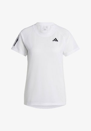 T-shirt de sport blanc en tissu texturé avec des manches courtes, doté d'un logo Adidas noir et de trois bandes noires sur les épaules.